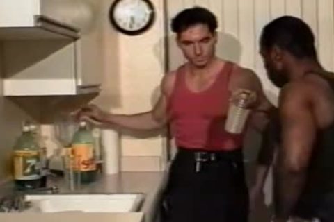 Vintage athletic cumshot in the kitchen