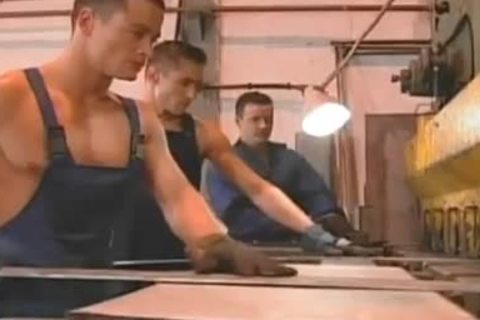 Three lascivious Mechanics fucking Hard In A hot gay trio