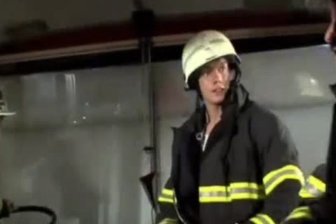 Firemen nudeback threesome in Truck