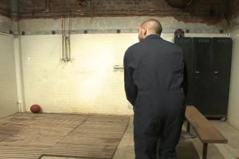 Janitor bounds man In Locker Room