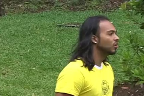 Tan, long haired Latino slings big penis