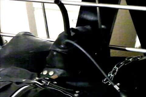 Wearing A Rubber Cat Suit Inside A Leather Body Bag handcuffed To The bed, Hooded And Gagged, Then Teased For Two Hours Until he cum.