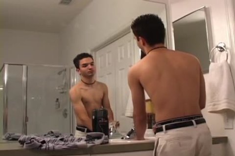 Two twinks both wanking In The bathroom