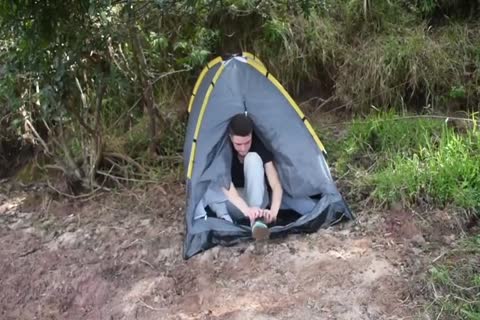 Three homosexual guys In The Tent Had Sex In The Countryside