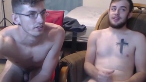 Two boyz Jerking And Cumming Onto The Glass Desk