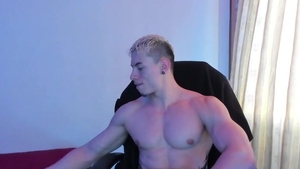 pumped up blond man jerking off