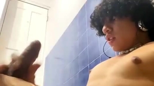 curly Hair Latino teen With Tattoos Jerks Off His large dark penis