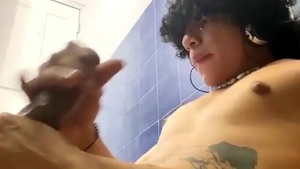 curly Hair Latino teen With Tattoos Jerks Off His large dark penis