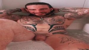BWC Tatted Hunk Jerks Off In Tub