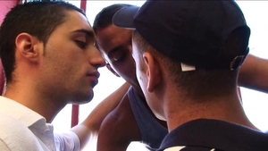 Blindfolded & Bred: Cuffed Trio in Toilets